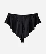 Short de pijama marca Lov, confeccionado en satén negro, con cintura elástica y detalle de volados en el ruedo.
