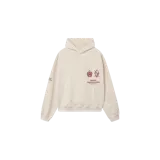Hoodie oversize color beige, con capucha, bolsillo frontal tipo canguro y estampado bordado en el pecho con escudos y texto "Madrid Headquarters".