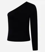 Blusa negra de viscosa con escote asimétrico de un solo hombro y manga larga.