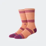 Medias de caña alta a rayas horizontales color rosa y naranja, con puntera y talón en color borgoña.