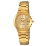 Reloj de pulsera Casio modelo LTP1170N-9ADF, con caja y malla de acero inoxidable en tono dorado. Presenta una esfera analógica a juego con manecillas doradas, índices de barra y ventana de fecha.