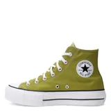 Championes de caña alta Converse modelo Chuck Taylor All Star Lift, color verde oliva con suela de plataforma blanca. Presentan cordones blancos, puntera de goma y diseño clásico de lona.