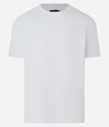 Remera slim de algodón negro con textura acanalada, cuello redondo y mangas cortas.