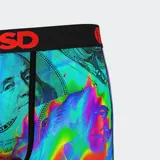Calzoncillos bóxer estampados con billetes de 100 dólares en colores vibrantes, con pretina elástica negra con logo PSD en rojo.