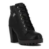 Botín negro de cuero sintético con cordones, plataforma y tacón cuadrado.