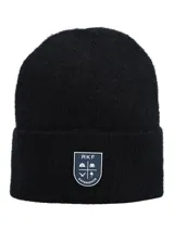 Gorro tipo beanie de tejido de punto grueso en color negro, con vuelta en el borde y parche frontal con el logo de la marca RKF.