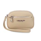 Monedero de mano con diseño rectangular y textura granulada, marca Lincoln's. Cuenta con cierre perimetral, bolsillo frontal con cierre y correa de muñeca integrada.