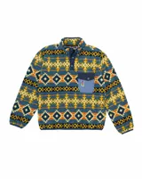 Buzo polar de cuello alto con cierre frontal de botones a presión, confeccionado en fleece sintético. Presenta un estampado geométrico multicolor con predominancia de tonos azules, amarillos y verdes. Incluye un bolsillo frontal tipo cargo con solapa y cierre de botón, además de bolsillos laterales ocultos.