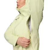 Campera impermeable Columbia Northwest Explorer 3L para mujer, color verde claro, con capucha ajustable, cierre frontal y bolsillos con cremallera.
