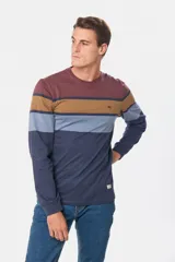 Remera de manga larga con diseño de franjas horizontales en tonos bordó, marrón, celeste y azul marino. Presenta cuello redondo y un pequeño logo bordado en el pecho.