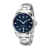 Reloj de pulsera Maserati modelo Successo con caja y malla de acero inoxidable plateado, esfera azul texturizada con índices aplicados, manecillas luminiscentes y ventana de fecha a las 6 en punto.