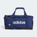 Bolso deportivo pequeño Adidas Linear color azul con base negra, logo blanco estampado, doble asa de mano, correa ajustable para el hombro y compartimento independiente para calzado.