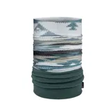 Cuello multifuncional Buff con diseño estampado en tonos grises, blancos y verdes en la parte superior y base de tejido polar en color verde oscuro.
