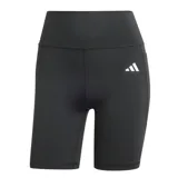 Calza corta deportiva Adidas de tiro alto, color negro, con logo de la marca estampado en blanco en el muslo y bolsillo lateral oculto.