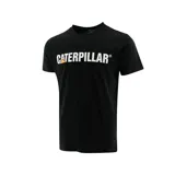 Remera negra de manga corta con cuello redondo y logo de Caterpillar estampado en el pecho en color blanco y amarillo.