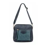 Cartera bandolera de cuero sintético en color azul oscuro, con un bolsillo frontal externo en tono azul petróleo y cierre metálico dorado.