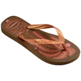 Sandalias de goma Havaianas modelo Top Summer Vibes, color marrón con estampado de palmeras y detalles en rosa, con tiras texturizadas en tono cobrizo.