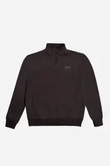 Buzo de algodón con medio cierre frontal y cuello alto, diseño liso con logo bordado en el pecho y bolsillos laterales.
