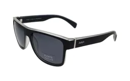 Lentes de sol unisex, con montura cuadrada negra con borde superior plateado y lentes polarizadas grises.