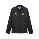 Campera impermeable Puma del Club Atlético Peñarol, modelo All Weather, color negro con detalles en amarillo. Cuenta con cuello alto, cierre frontal completo y bolsillos laterales.