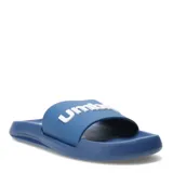 Sandalia tipo slide marca Umbro, color azul, con banda superior ancha que presenta el logo de la marca en relieve color blanco.