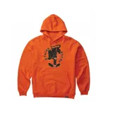 Canguro naranja con capucha y bolsillo delantero. Estampado frontal con logo de la marca y dibujo de una pantera negra sobre una patineta.