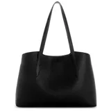 Cartera tipo tote bag Guess modelo Melody, de color negro y confeccionada en cuero sintético, con doble asa de hombro y herrajes metálicos dorados. Incluye un llavero colgante con dije de candado y borla, logo metálico frontal y un neceser o monedero removible en combo.