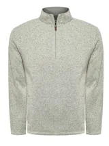 Buzo polar color gris jaspeado con cuello alto, medio cierre frontal y bolsillos laterales. Confeccionado con fibras de poliéster reciclado.