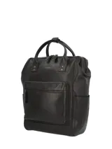Mochila maletín de cuero color marrón oscuro, con compartimento principal con cierre, bolsillo frontal con cierre y bolsillos laterales. Cuenta con asas superiores y compartimento para notebook.