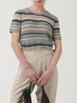 Remera de punto calado a rayas horizontales en tonos de gris, verde, azul y beige, con cuello redondo y mangas cortas con terminación ondulada.