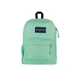 Mochila Jansport color verde agua, con un compartimento principal, bolsillo frontal con organizador, bolsillo lateral para botella de agua, panel trasero acolchado y correas acolchadas.
