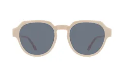 Lentes de sol con montura redonda color beige y lentes grises.