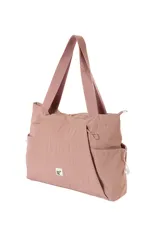 Cartera tipo tote bag de nylon color negro, con bolsillos laterales con cordón ajustable, asas de hombro y detalle de etiqueta frontal.
