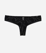 Bombacha bikini de hilo doble marca Lov, confeccionada en tul negro con textura geométrica y detalles transparentes.