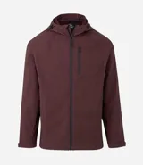 Campera deportiva Get Over de tejido técnico resistente al agua, color bordó. Presenta capucha ajustable con cordones, cierre frontal con cremallera, bolsillos laterales y un bolsillo adicional en el pecho, todos con cierre.