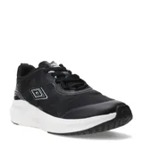 Championes urbanos Umbro de color negro con detalles en blanco, confeccionados en malla transpirable y refuerzos sintéticos, con suela de goma blanca y logo de la marca en el lateral.