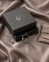 Collar de acero con cadena fina y dije circular que presenta una pequeña circonia incrustada y un conjunto de cadenas colgantes tipo fleco.