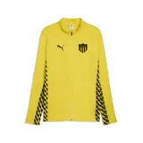 Campera deportiva Puma del Club Atlético Peñarol, modelo de entrenamiento. Diseño en color amarillo con cierre frontal completo, cuello alto y detalles laterales con patrón geométrico en negro y amarillo. Incluye logo de la marca y escudo del club en el pecho.