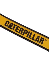 Llavero de cinta tejida Caterpillar, color amarillo con bordes y letras negras, y gancho metálico negro desmontable.
