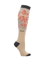 Calcetín largo de mujer color beige con estampado floral en la parte superior, puntera y talón en color gris oscuro, y logo de la marca RKF.