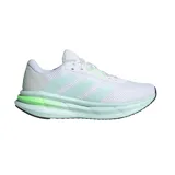 Championes de running Adidas Galaxy 7 para mujer, color blanco con detalles en verde menta y verde neón. Presentan un upper de malla textil transpirable, cierre de cordones, mediasuela Cloudfoam para amortiguación y suela de TPU.