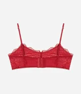 Soutien top de encaje floral color rojo con breteles finos ajustables y moño decorativo.