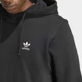 Buzo con capucha Adidas Essentials, color negro con logo del trifolio bordado en blanco en el pecho. Cuenta con bolsillo tipo canguro, puños y dobladillo acanalados, y cordón ajustable en la capucha.