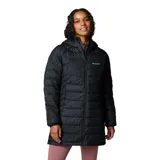 Campera larga tipo parka Columbia, modelo Powder Lite II Mid, color negro. Cuenta con tecnología Omni-Heat™ termorreflectante, aislamiento sintético Thermarator™ y tratamiento repelente Omni-Shield™. Presenta capucha integrada, cierre frontal completo, bolsillos laterales con cremallera y puños elásticos.