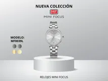 Reloj de pulsera Mini Focus modelo MF0039L para mujer, con movimiento de cuarzo japonés, caja de metal plateada con detalles de strass, dial plateado, malla de acero plateada y cierre plegable. Resistente al agua hasta 30 metros.