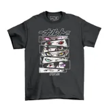 Remera de algodón color gris oscuro con estampa frontal que muestra una composición de miradas de personajes de Naruto con diferentes tipos de ojos y técnicas oculares.