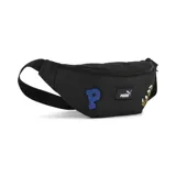 Riñonera Puma Phase Patch color negro, con cierre principal y correa ajustable. Presenta parches decorativos: una letra 'P' azul con diseño de remolinos, el logo de Puma en blanco y negro, y un diseño abstracto en tonos marrones y blancos.