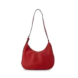 Cartera tipo hobo o media luna de cuero sintético negro, con textura granulada. Posee una correa ajustable para llevar al hombro o cruzada.