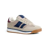 Championes deportivos American Sport Resh Shine, color azul con detalles en celeste, blanco y rojo. Presentan capellada de tela y gamuza, con tres franjas blancas en los laterales y suela de goma color caramelo.