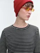 Remera de manga larga con cuello redondo, confeccionada en tejido de algodón con estampado de rayas horizontales finas en tonos gris y azul.
